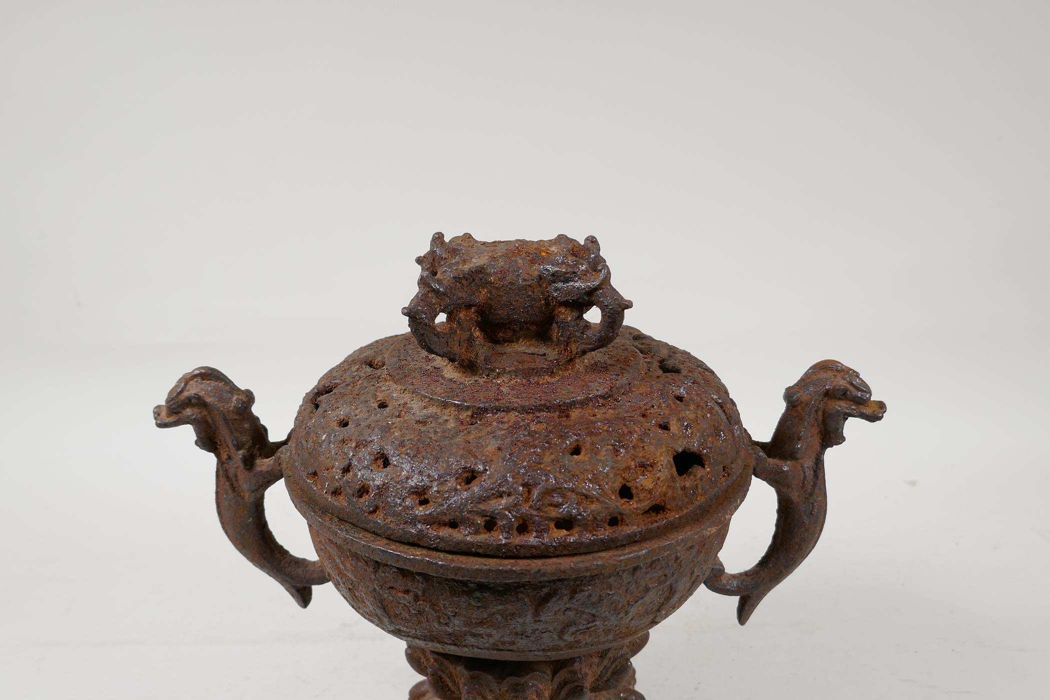 A cast iron censer with two dragon shaped handles, and a pierced cover, Chinese, 9" high - Image 4 of 6
