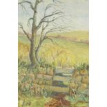 Raymond Hunt, Cornish rural landscape with a view across a field, oil on board, 13½" x 17½"