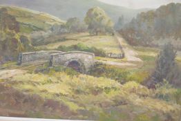 K. Burtonshaw, landscape with bridge, signed and dated 1972, oil on board, 24" x 18"