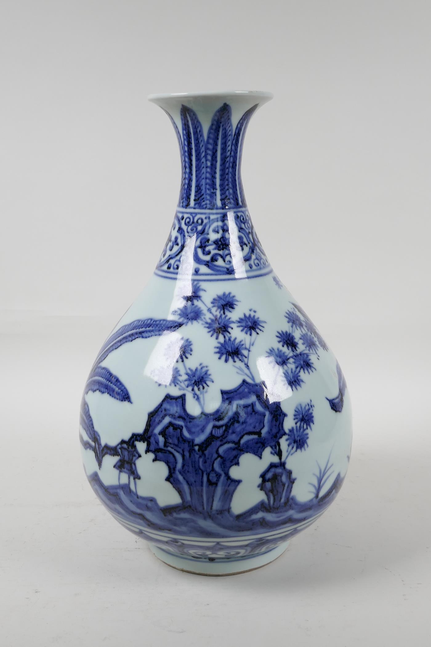 A Ming style blue and white porcelain pear shaped vase decorated with foliage, Chinese six character - Image 4 of 6