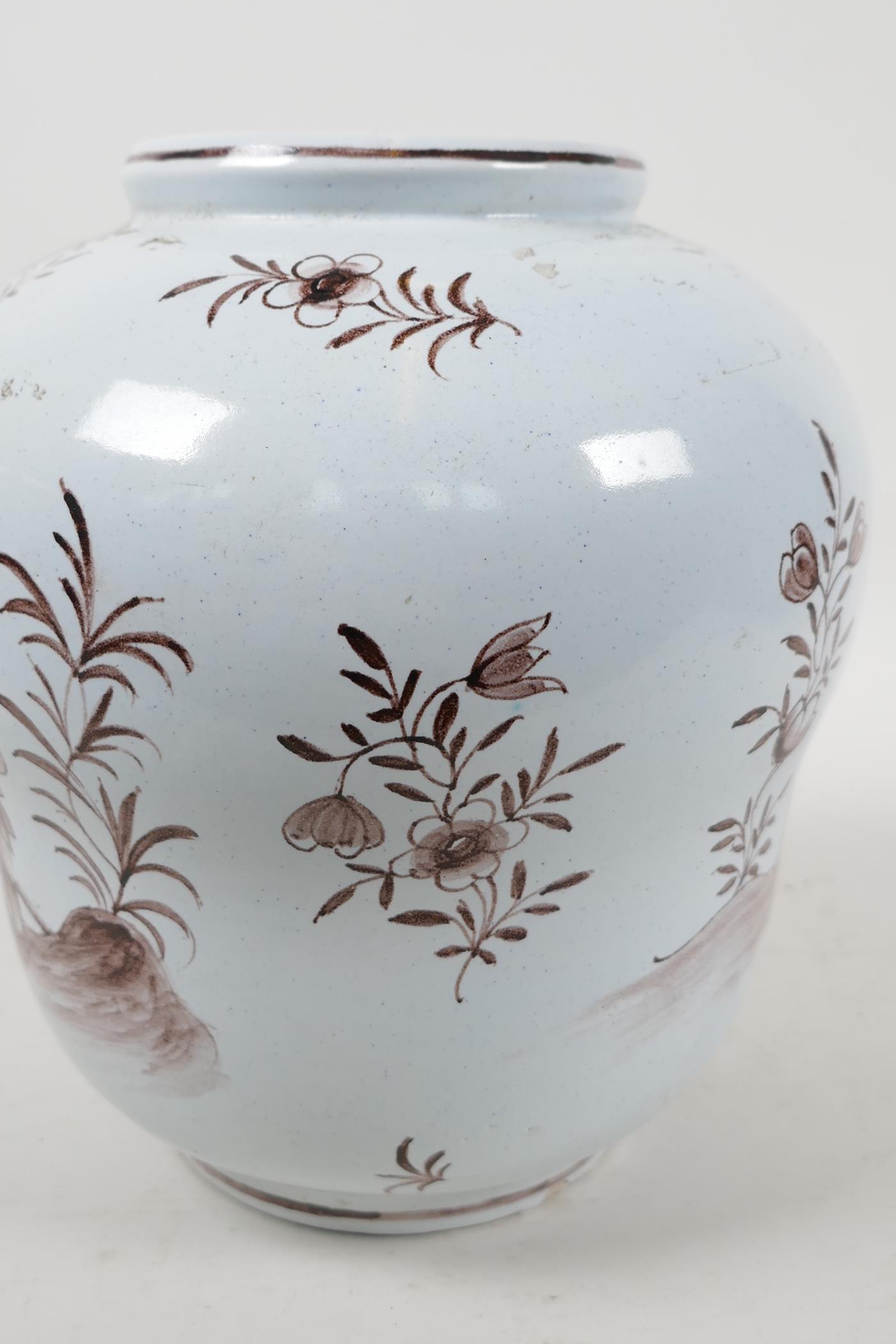 A C19th Delftware pottery vase painted with oriental figures in a garden, 8" high - Image 3 of 4