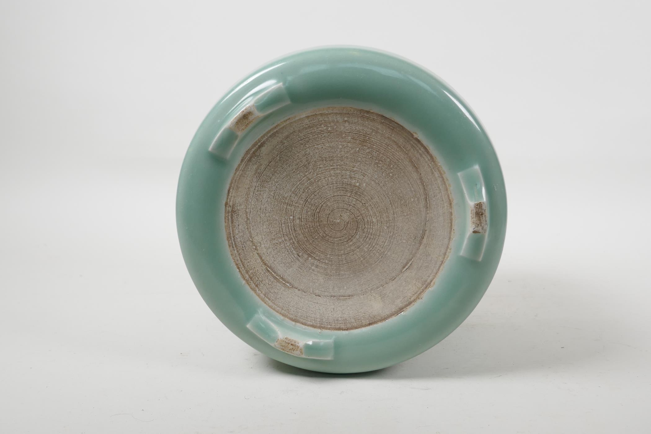 A celadon glazed porcelain brush pot with archaic style underglaze decoration, Chinese, 6½" high x - Image 4 of 4