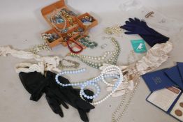A small quantity of vintage costume jewellery, a pair of Dents Lady's gloves etc and four First