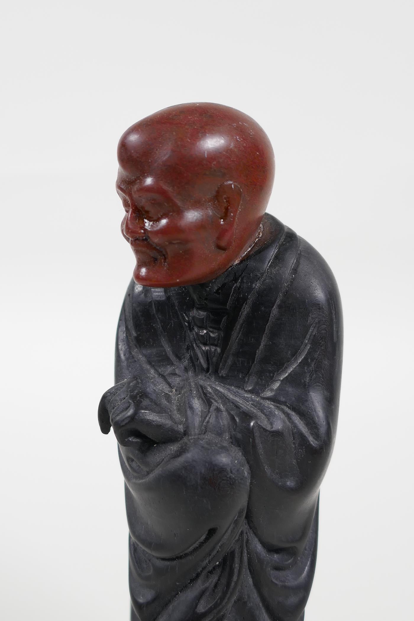 A Chinese carved Zitan wood figure of Lohan with soapstone head, 6" high - Image 3 of 6