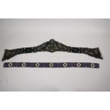 A Victorian lady's belt set, with beads and turquoise stones, 26" long, and a vintage beadwork belt,