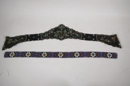 A Victorian lady's belt set, with beads and turquoise stones, 26" long, and a vintage beadwork belt,