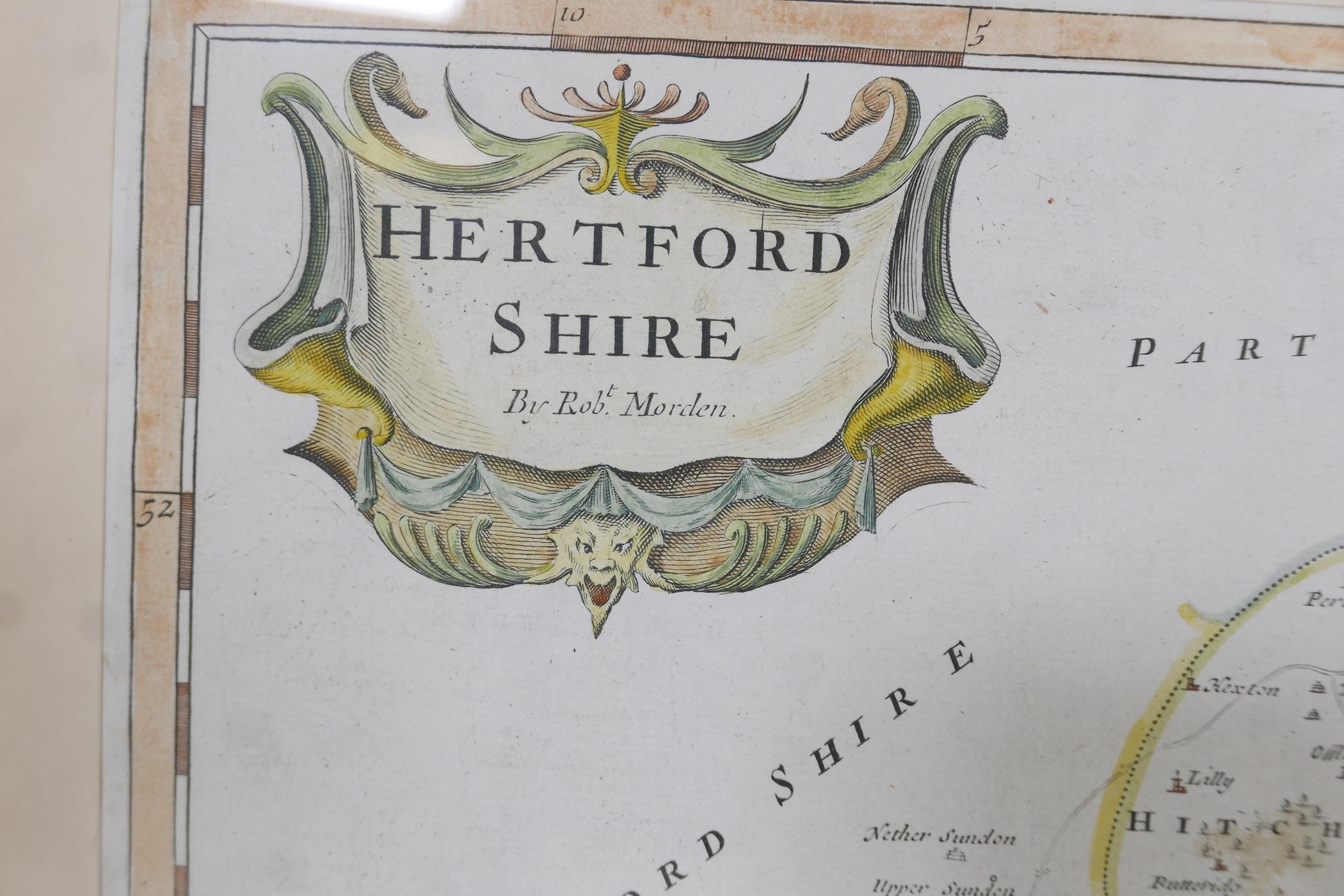 Robert Morden, Map of Hertfordshire, a sympathetically hand coloured engraving, 17" x 20" - Image 3 of 4