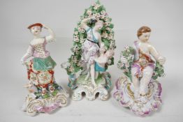 Three early English porcelain figures, a brocage figure of a woman and child (Chelsea) 8" high, a