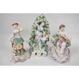 Three early English porcelain figures, a brocage figure of a woman and child (Chelsea) 8" high, a