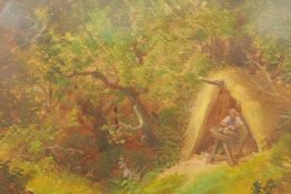 Attributed to Thomas Creswick, oil on millboard, bears label verso, 'The Woodcutter's Hut', signed