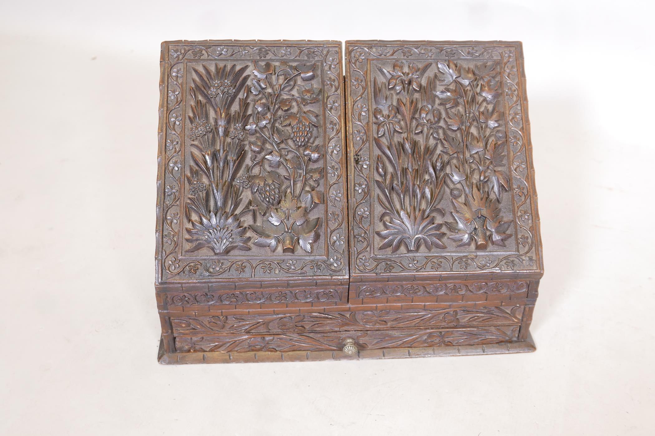 A C19th Anglo Indian wood stationery box with fall front and two doors over a single drawer, well - Image 2 of 7