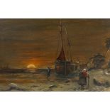 Figures and boats in a coastal inlet at sunset, C19th oil on canvas laid on board, monogrammed N.B.,