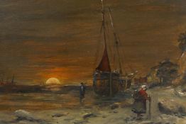 Figures and boats in a coastal inlet at sunset, C19th oil on canvas laid on board, monogrammed N.B.,