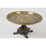 A cast polished bronze tazza decorated in the classical style, on a bronze pedestal base with four