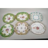 Four C19th shaped porcelain serving plates, 11" x 9",  and two 9" plates, all hand painted, from the