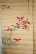 A Chinese watercolour scroll depicting waterfowl and flowers, and another similar with birds and