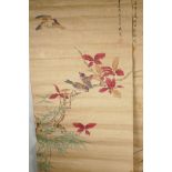 A Chinese watercolour scroll depicting waterfowl and flowers, and another similar with birds and