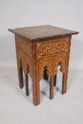 A Moorish occasional table inlaid with boxwood mother of pearl and ebony, 24" high, 17½" square