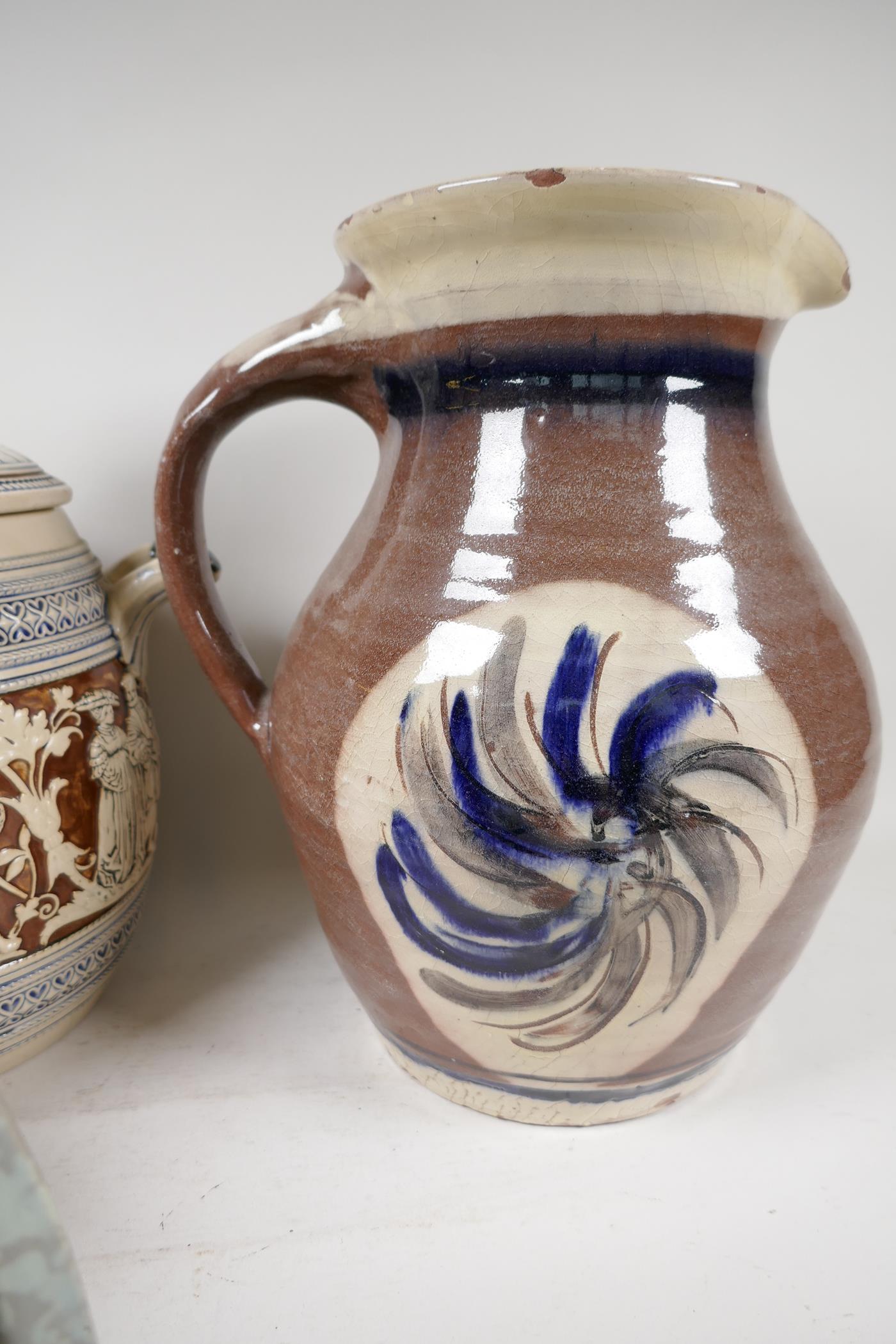 A Wattisfield ware pottery jug, 13" high, a German stoneware jar and cover, and two continental - Image 5 of 5