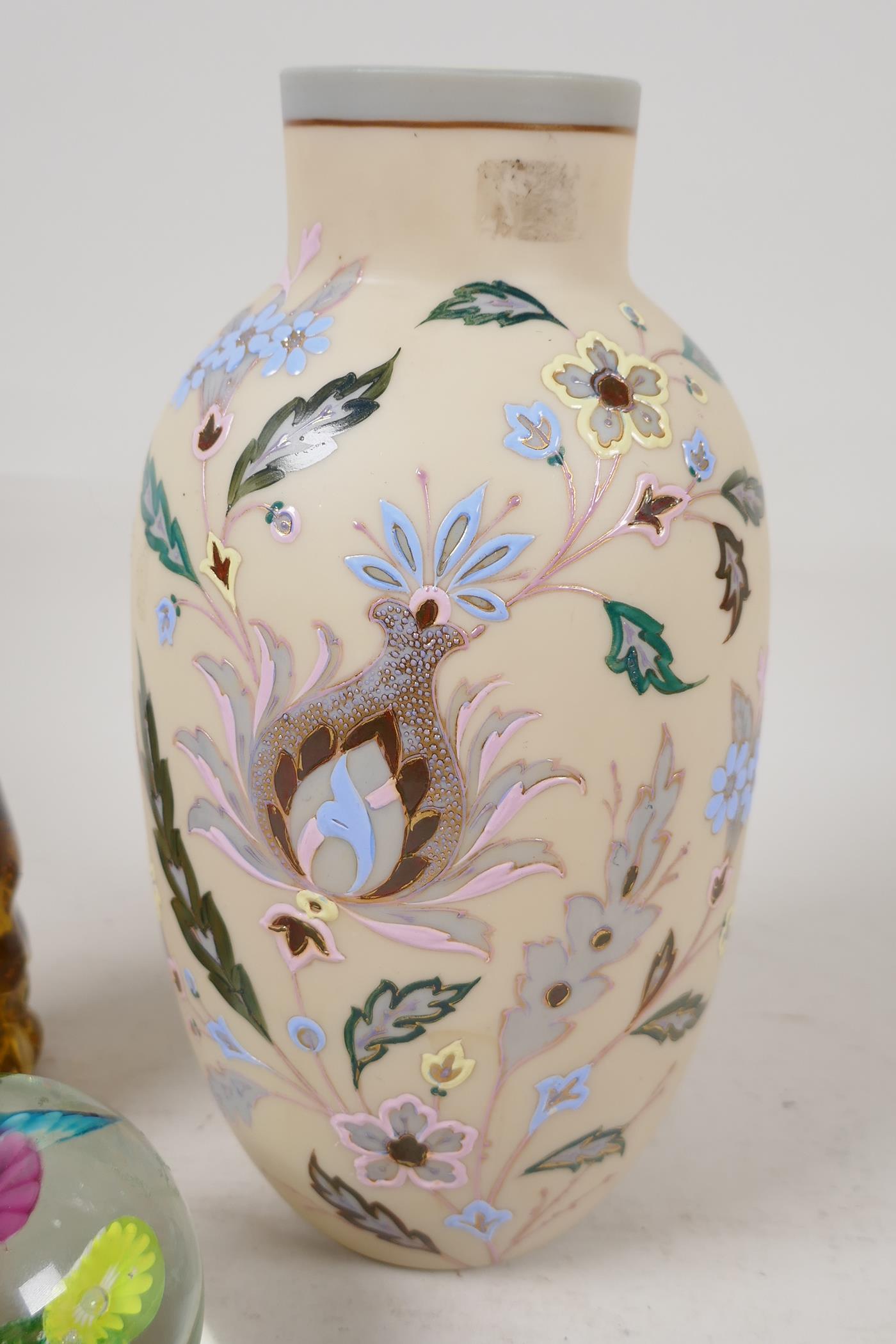 A C19th milk glass vase painted with flowers, 9" high, a Murano glass figure of an elephant and - Image 2 of 5