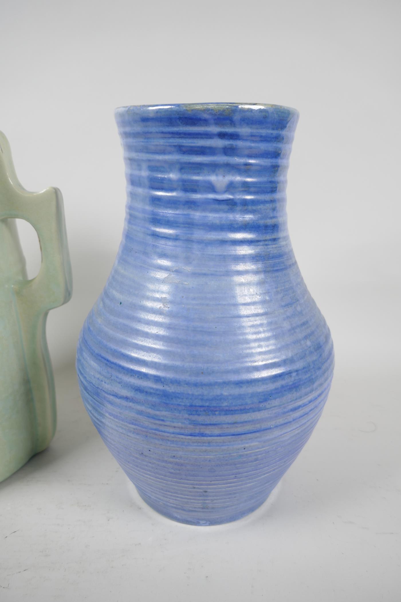 A 1930s Moorcorft lustreware vase, signed, 10" high, and a Branham pottery vase - Image 2 of 5