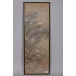 Chinese watercolour on silk, traveller under cypress trees, seal mark to bottom left corner, late