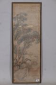 Chinese watercolour on silk, traveller under cypress trees, seal mark to bottom left corner, late