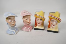 A pair of mid C20th West German porcelain 'Lady's Head' vases, 5" high, and a pair of