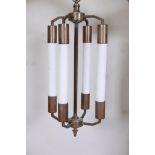 An Art Deco bronze pendant ceiling lantern with four glass cylinder shades, 26" drop