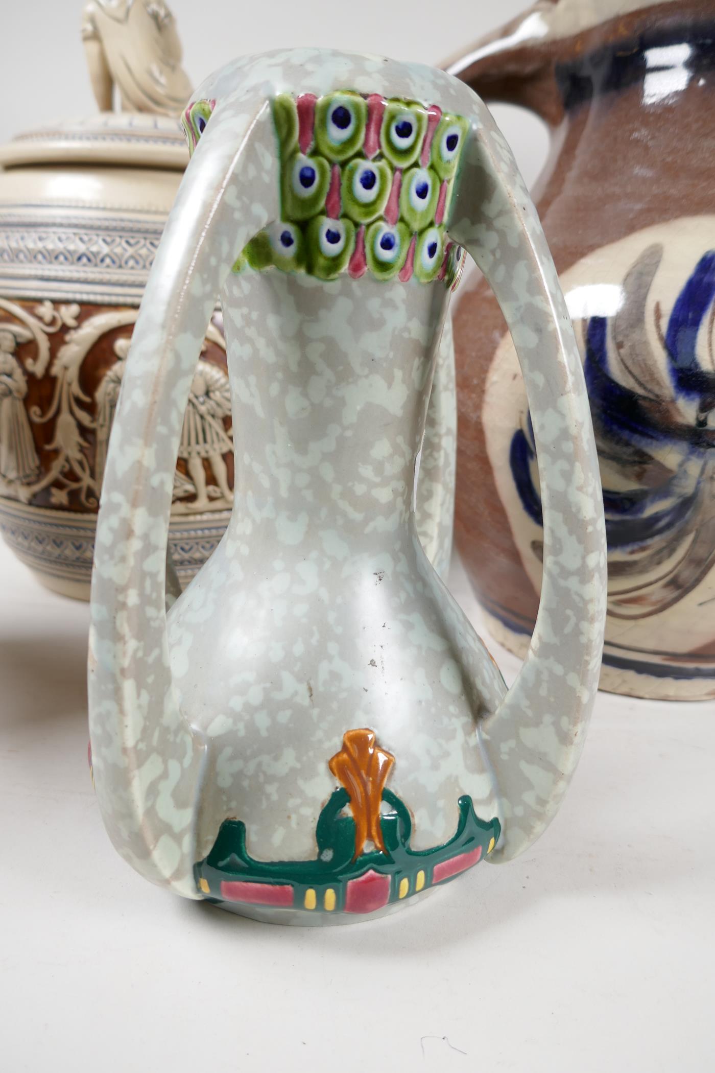 A Wattisfield ware pottery jug, 13" high, a German stoneware jar and cover, and two continental - Image 2 of 5