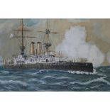 'HMS Revenge', watercolour and gouache, signed with a monogram, 18" x 9"