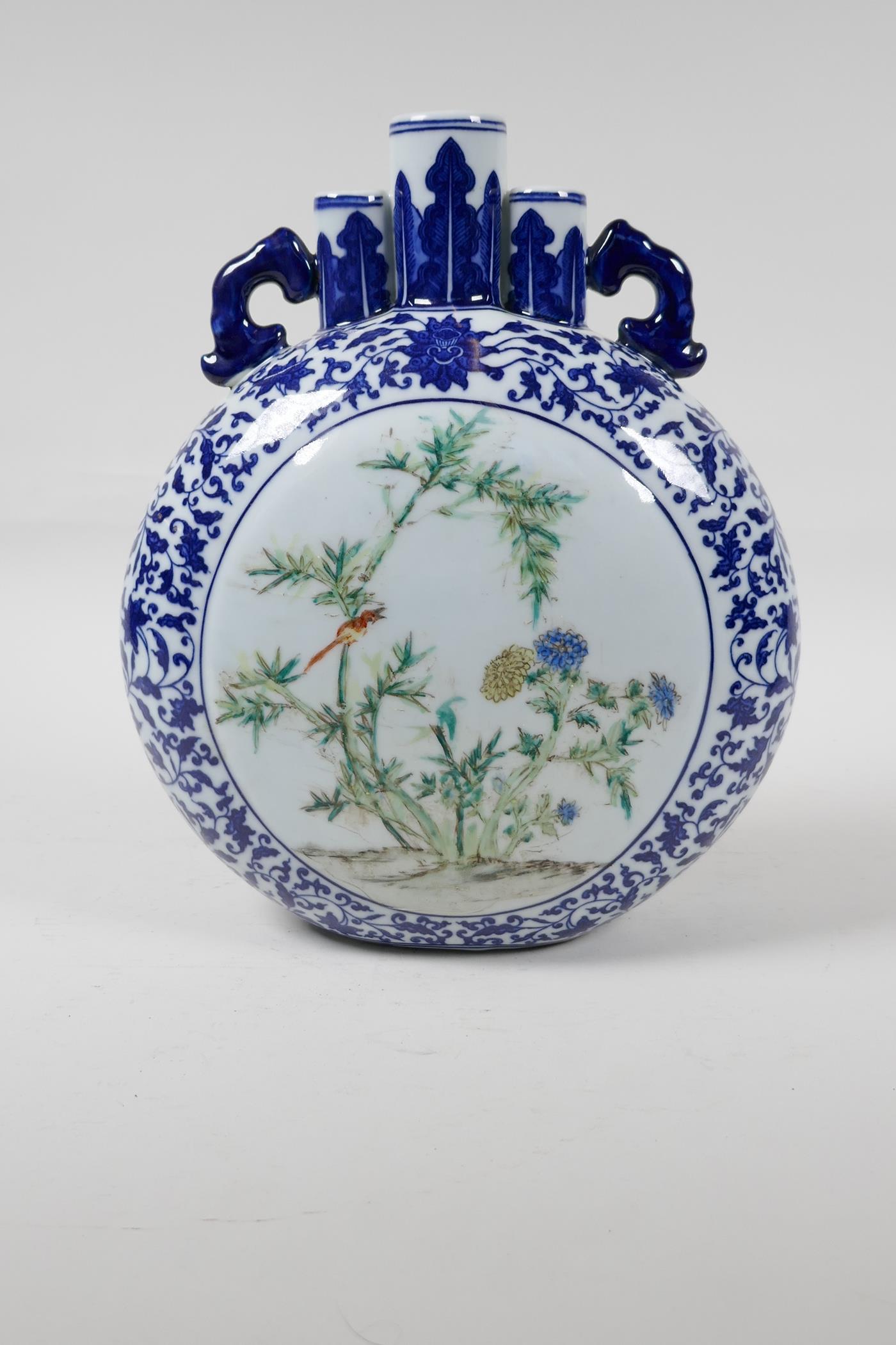 A Chinese blue and white porcelain triple stem moon flask with polychrome panels depicting a - Image 3 of 7
