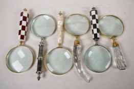 Six hand held desk top magnifying glasses, different handles, glass 4" diameter