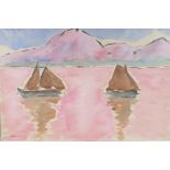 Sailing boats on a lake, signed Adrion, watercolour and gouache, 16" x 22½"