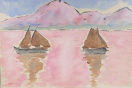 Sailing boats on a lake, signed Adrion, watercolour and gouache, 16" x 22½"