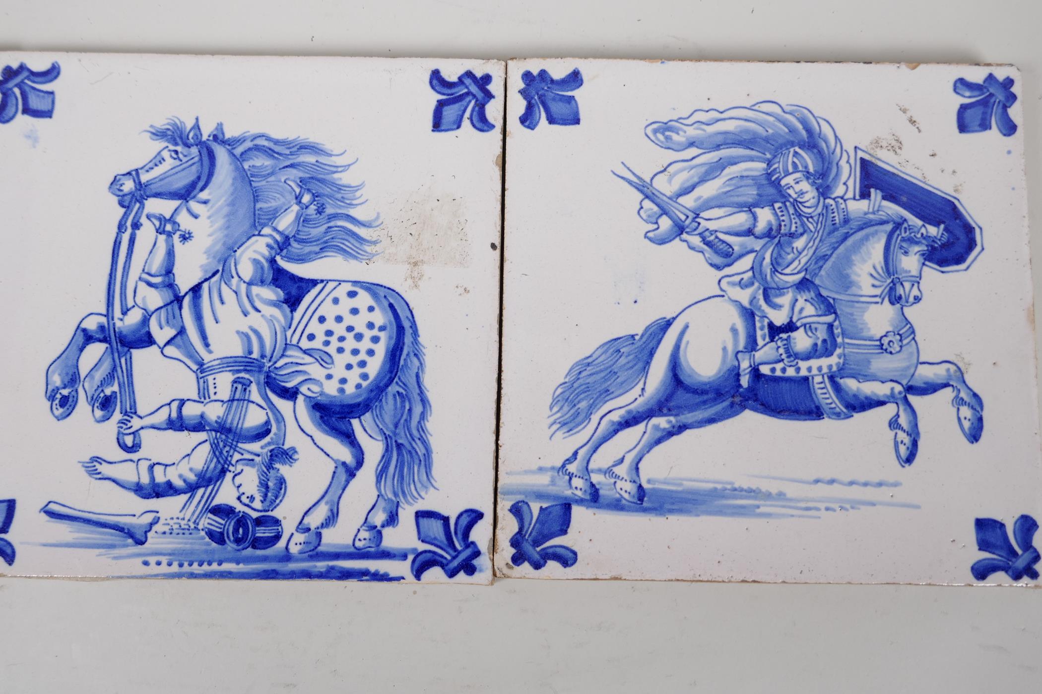 A set of three blue and white Delft style tiles depicting Ottoman warriors on horseback, 6" square - Image 3 of 3