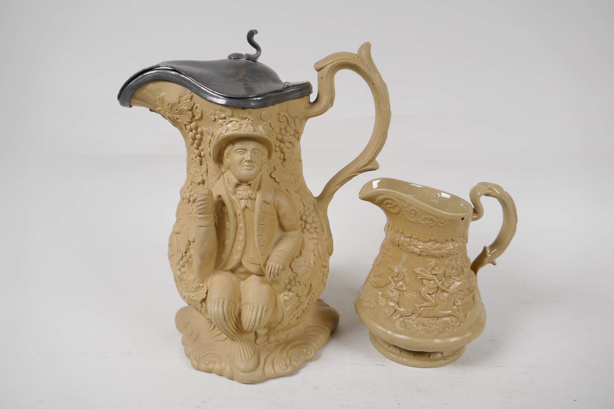 A C19th stoneware jug moulded with figures and fruiting vines, with sandstone matt glaze and - Image 2 of 6