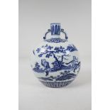 A blue and white porcelain two handled moon flask decorated with musicians in a landscape, Chinese