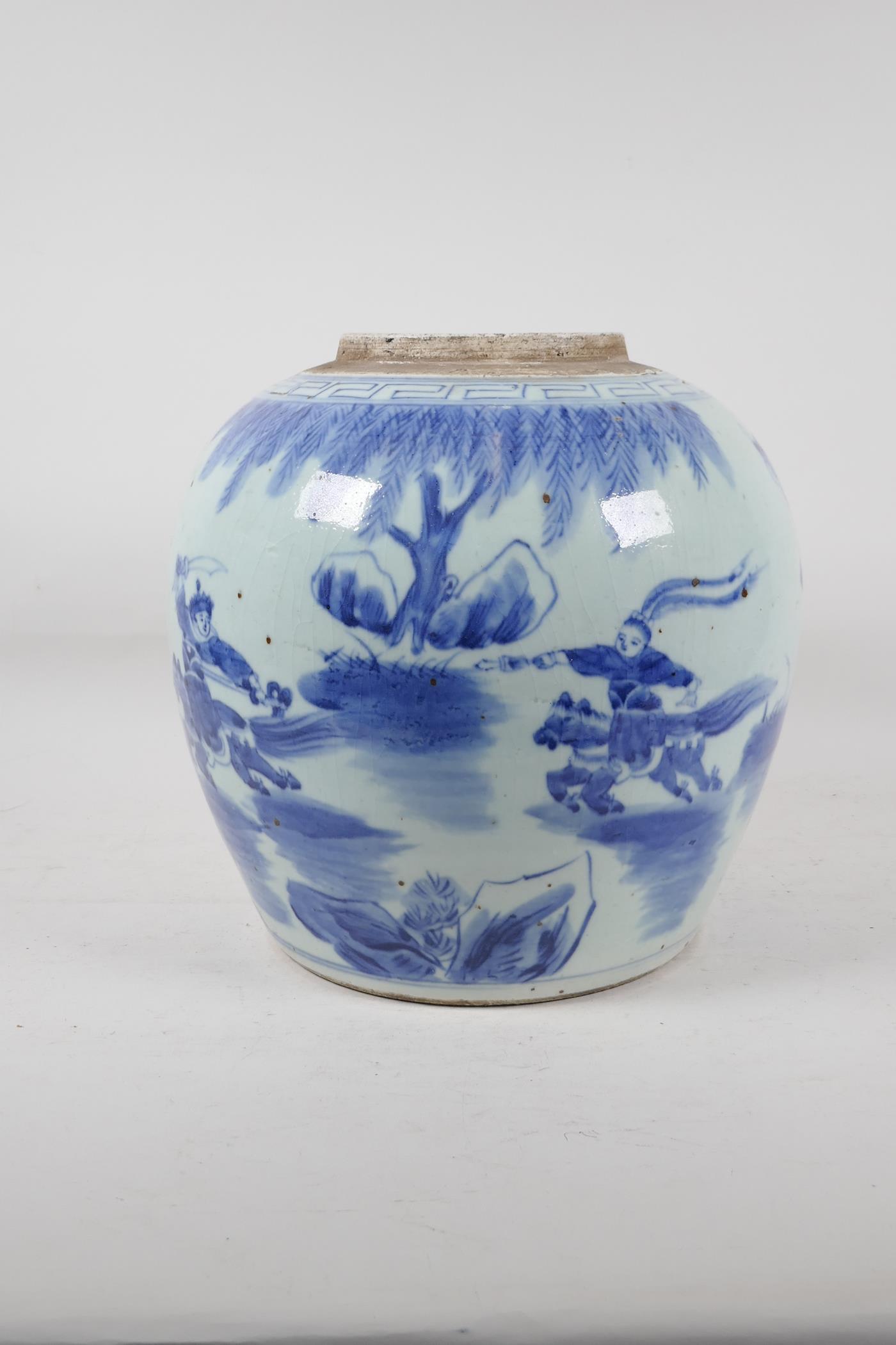 A Chinese blue and white porcelain ginger jar decorated with warriors in a landscape, 10½" high - Image 2 of 8