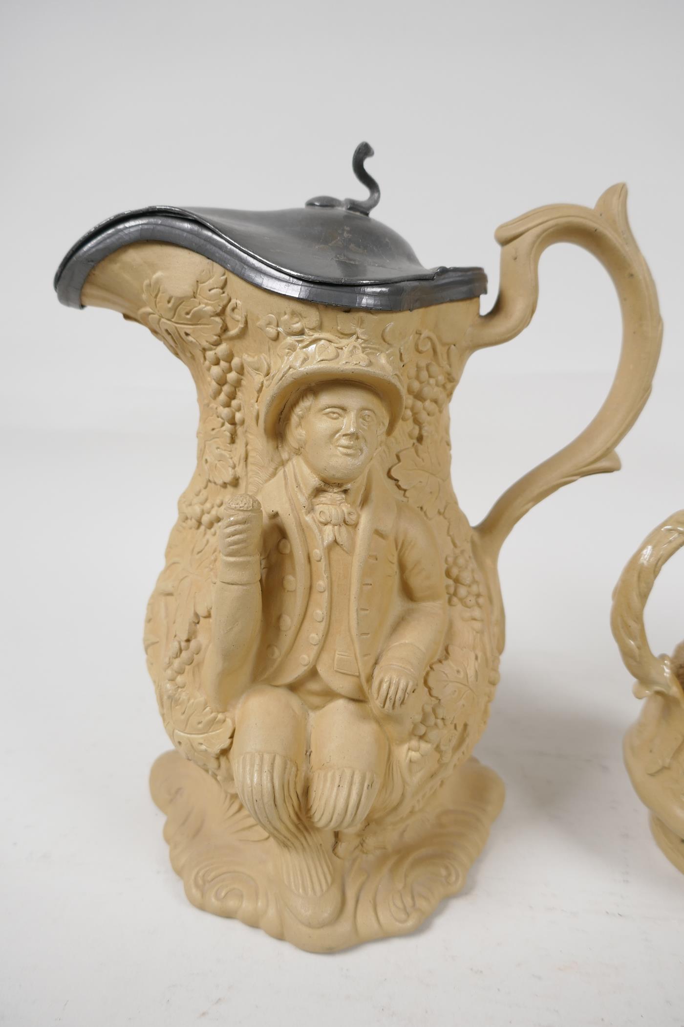 A C19th stoneware jug moulded with figures and fruiting vines, with sandstone matt glaze and - Image 5 of 6