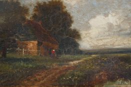 Figure in a rural landscape, signed J. Thors (?), C19th oil on canvas, 7½" x 11½"