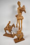 Two carved wood models of Don Quioxte and Sancho Panza, and a carved wood figure of the Don, A/F