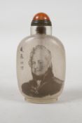 A Chinese reverse decorated glass snuff bottle depicting George III, inscription verso, 3½" high