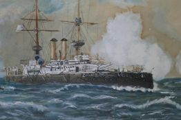 'HMS Revenge', watercolour and gouache, signed with a monogram, 18" x 9"