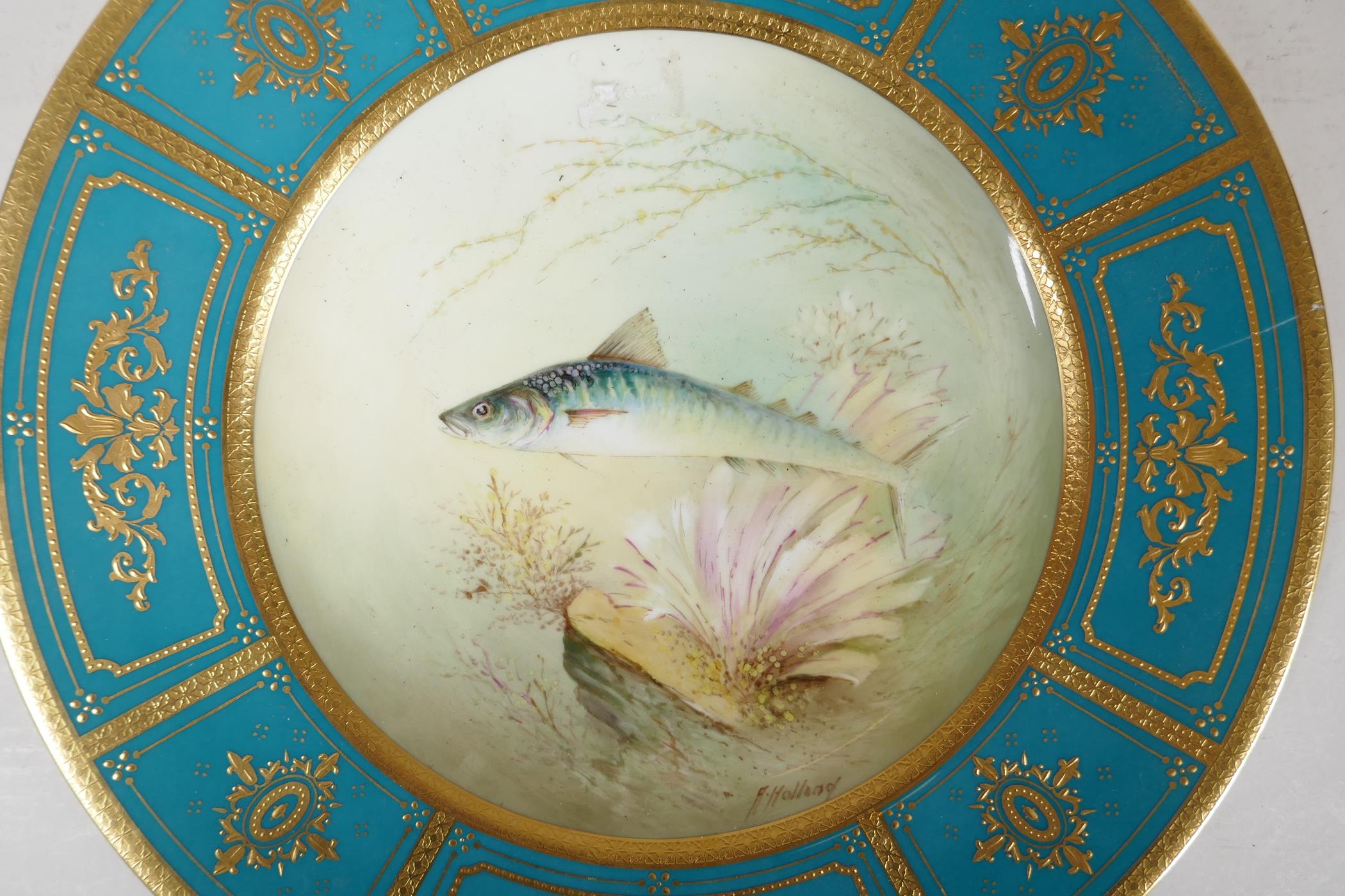 A Minton porcelain cabinet plate with painted mackerel, by Arthur Holland, with gilt embellished - Image 2 of 7