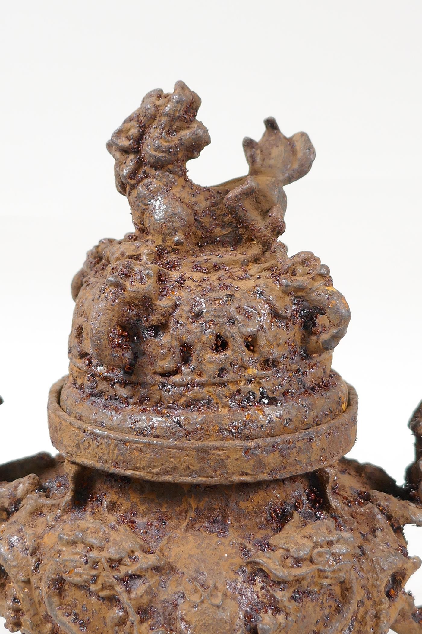 A Chinese iron censer and cover with two dragon handles, tripod dragon mask supports and a kylin - Image 2 of 7
