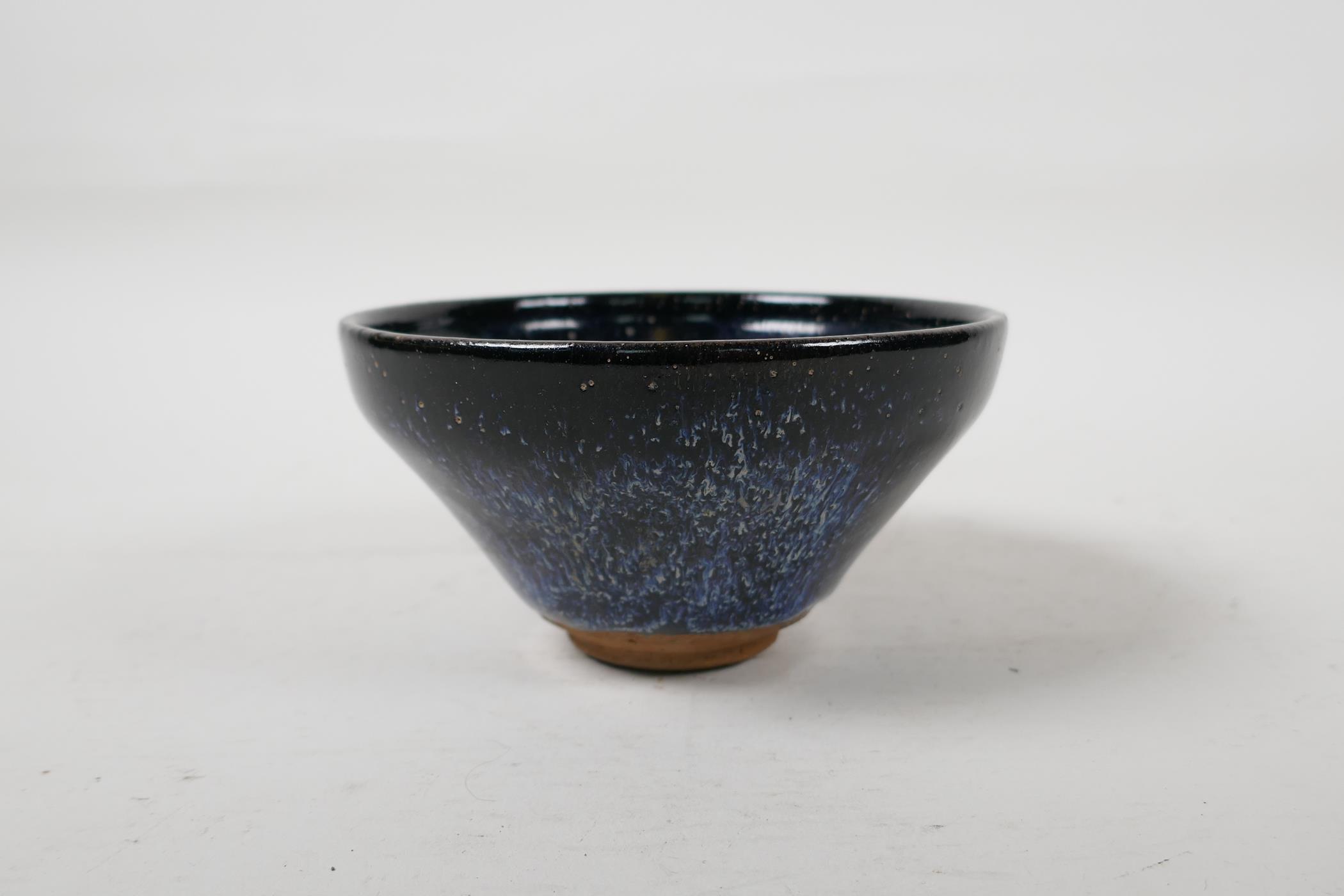 A Jian kiln pottery rice bowl with a black and blue glaze, Chinese, 5" diameter - Image 2 of 5