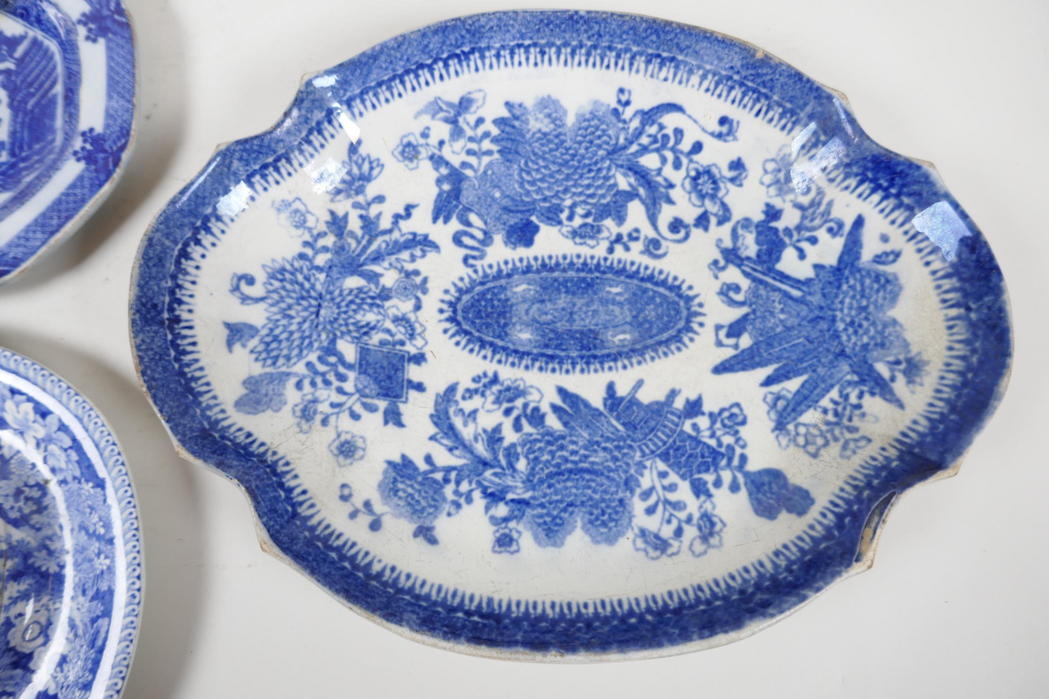 Eight C19th blue and white pottery dishes, various patterns to include the Long Bridge, Boy on a - Image 7 of 7