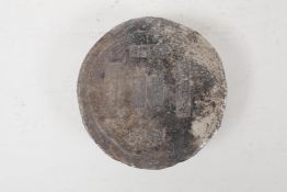 A Chinese white metal trade token/ingot, impressed marks to the top, 4" diameter, 1337g