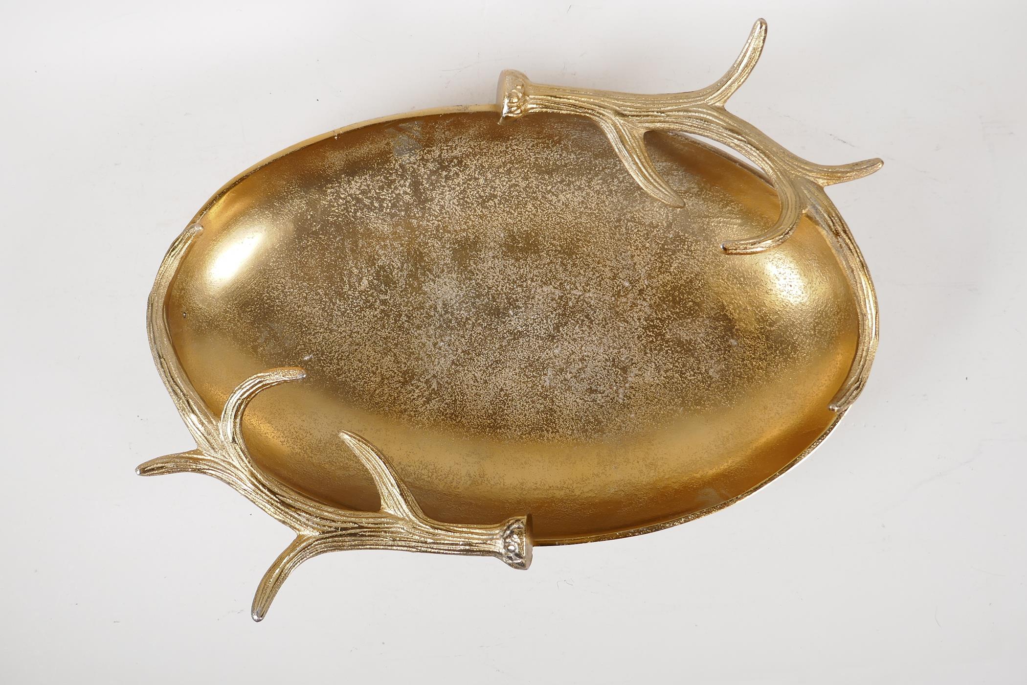 A gilt metal dish with antler decoration, 18" x 12" - Image 2 of 3